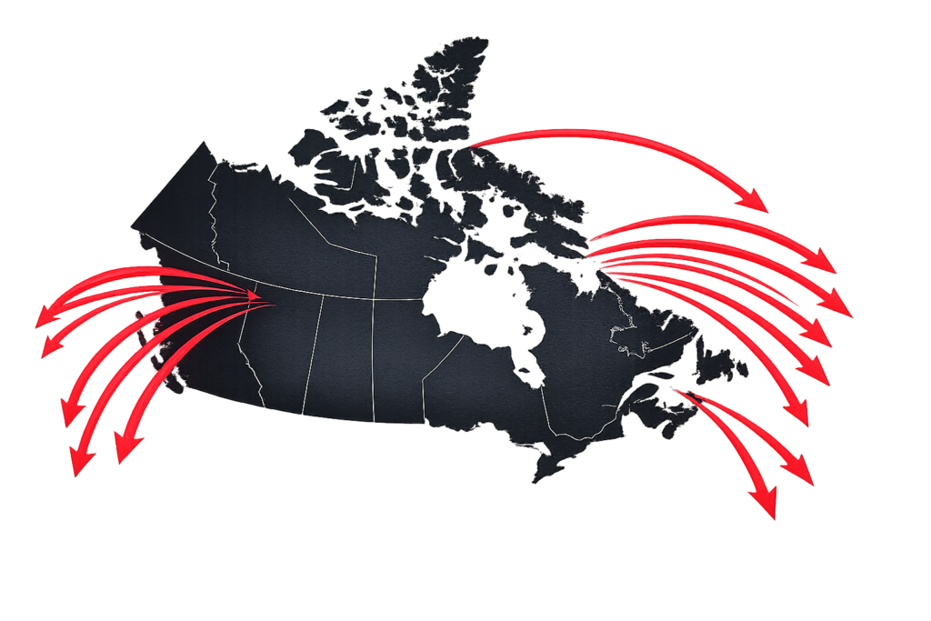 Map of Canadian overseas export trade lanes showing engineered wood and essential goods exports to international markets outside the United States