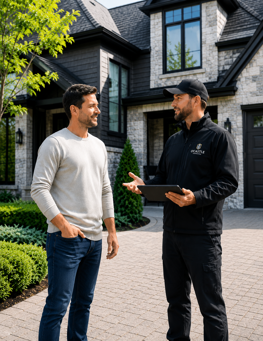 Canadian homeowner speaking with a professional contractor outside a modern upscale home in natural daylight