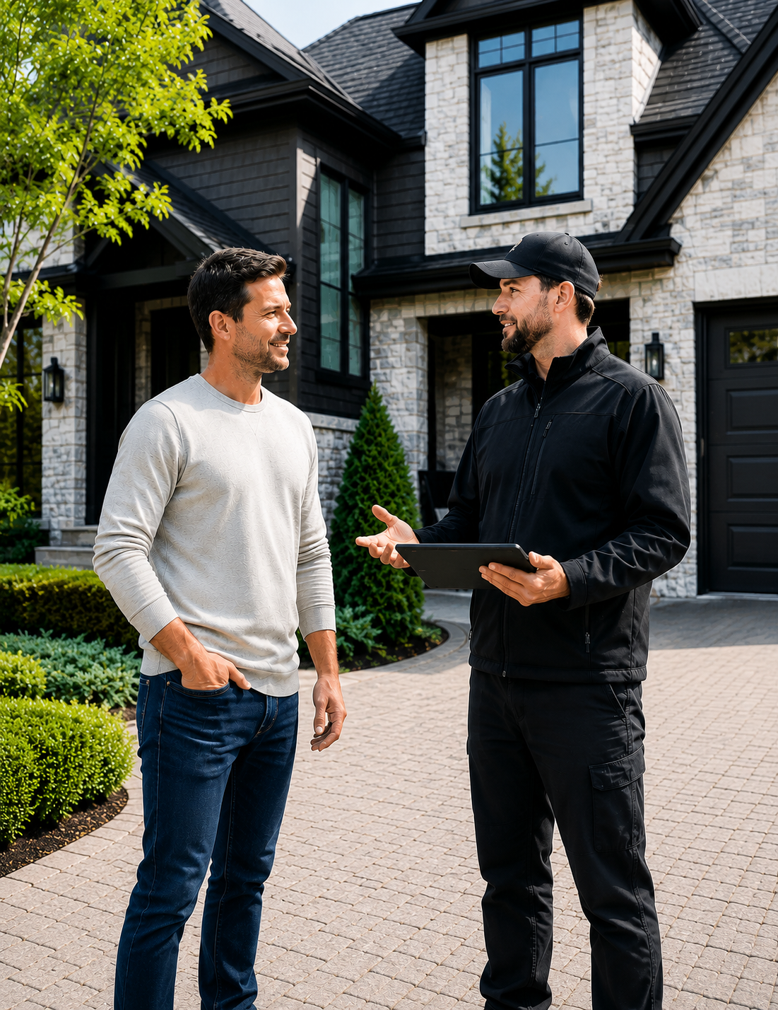 Canadian homeowner speaking with a professional contractor outside a modern upscale home in natural daylight