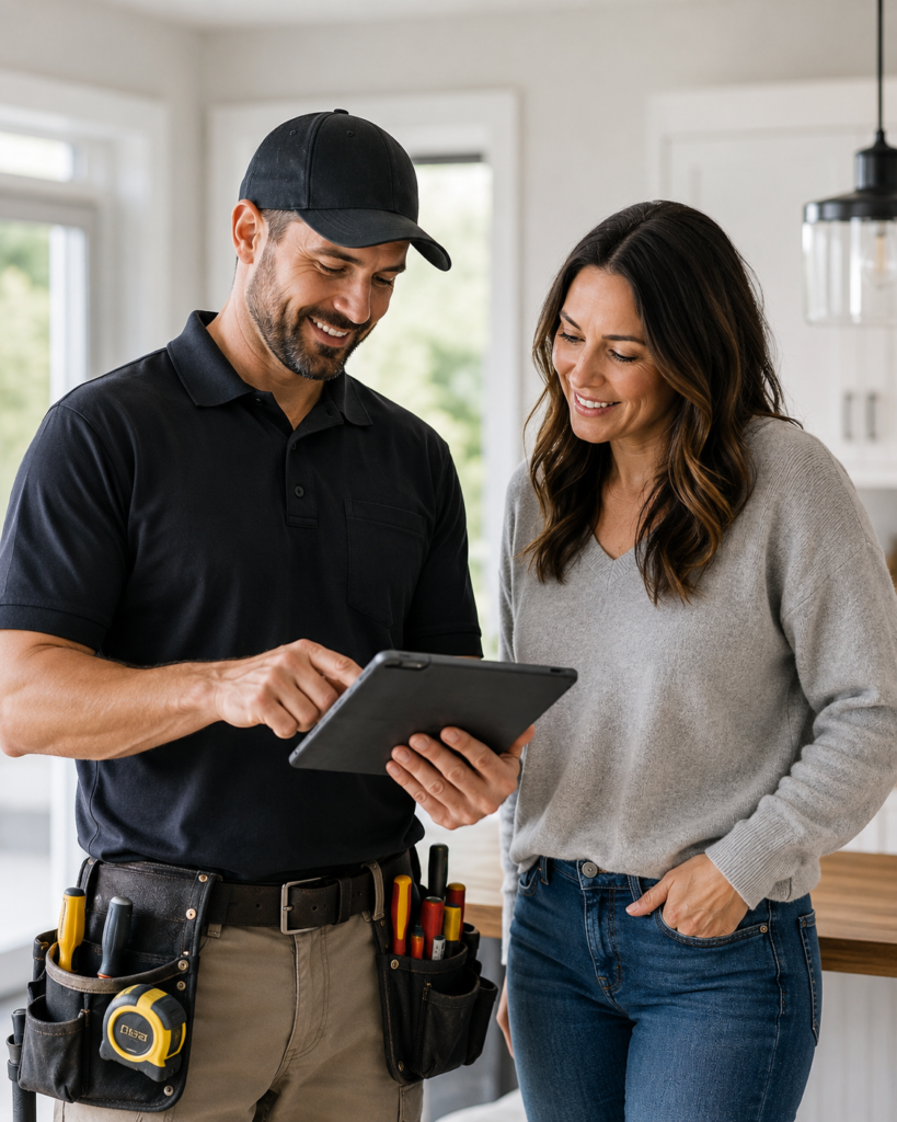 Professional contractor reviewing project details with a homeowner on a tablet inside a modern kitchen